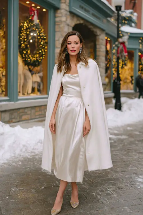 A woman wears a structured white cape coat over a flowing satin midi dress, minimal heels, pearl drop earrings, snowy evening street with elegant holiday window displays