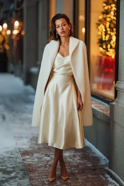 A woman wears a structured white cape coat over a flowing satin midi dress, minimal heels, pearl drop earrings, snowy evening street with elegant holiday window displays