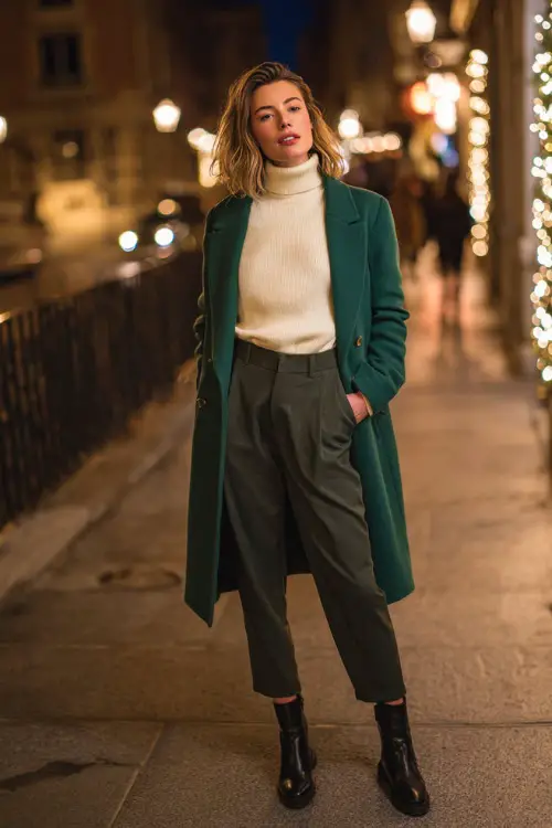 A woman wears a tailored emerald green wool coat over a cream cashmere turtleneck, high-waist straight trousers, and black leather boots, elegant city street at night