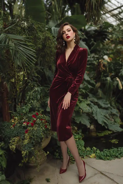 A woman wears a velvet burgundy midi wrap dress, sheer tights, pointed satin heels, pearl drop earrings, floral holiday greenery backdrop, softly styled winter garden