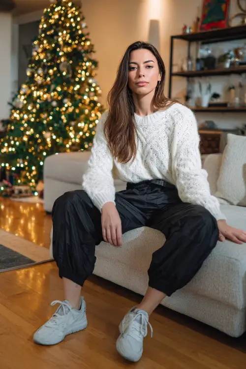 A woman wears a white cashmere-blend sweater, black relaxed trousers, white sneakers, clean apartment living room with a glowing Christmas tree, outfit fully visible 