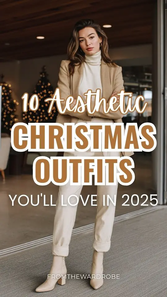 A woman wears an aesthetic Christmas outfit with a cream cashmere turtleneck, camel wool blazer, straight trousers, block-heel ankle boots