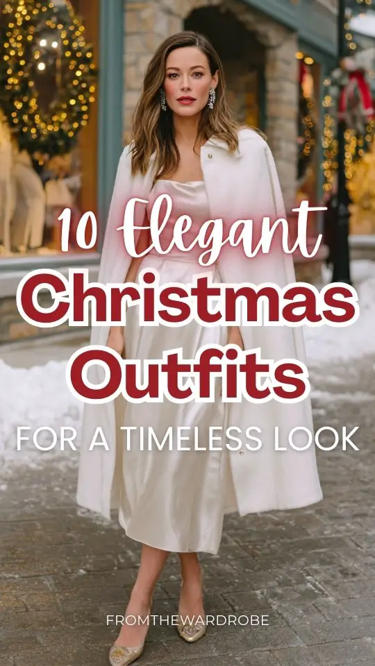 A woman wears an elegant Christmas outfit with a structured white cape coat over a flowing satin midi dress, minimal heels, pearl drop earrings