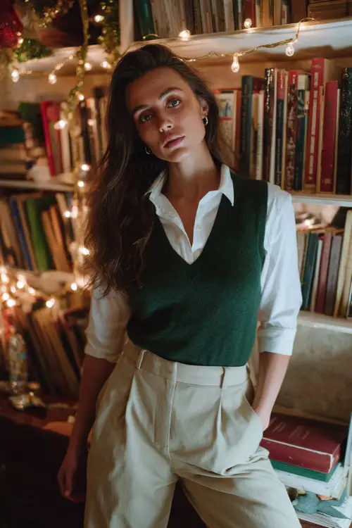 A woman wears an emerald green tailored vest over a white shirt, high-rise beige trousers, leather ballet-heel shoes, soft warm Christmas lights near a workspace bookshelf 