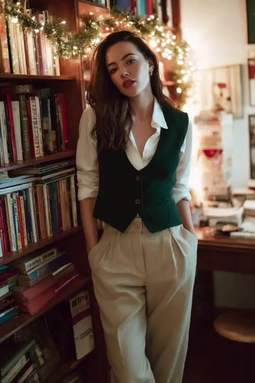 A woman wears an emerald green tailored vest over a white shirt, high-rise beige trousers, leather ballet-heel shoes, soft warm Christmas lights near a workspace bookshelf