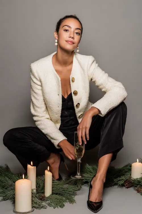 A woman wears an ivory boucle jacket, black high-rise pants, pearl earrings and leather heels, candle-lit photoshoot setup with Christmas greenery props 