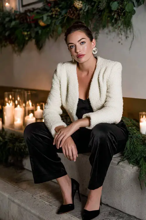 A woman wears an ivory boucle jacket, black high-rise pants, pearl earrings and leather heels, candle-lit photoshoot setup with Christmas greenery props