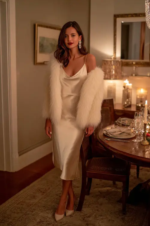 A woman wears an ivory silk slip dress layered with a soft white faux-fur stole, pearl earrings, pointed heels, candle-lit dinner party room with subtle Christmas decor