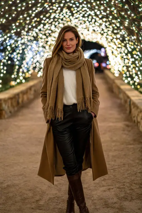 Full-body look of a woman wearing a long camel coat, cashmere scarf, white sweater, black tailored pants, leather boots, walking through a Christmas lights tunnel 
