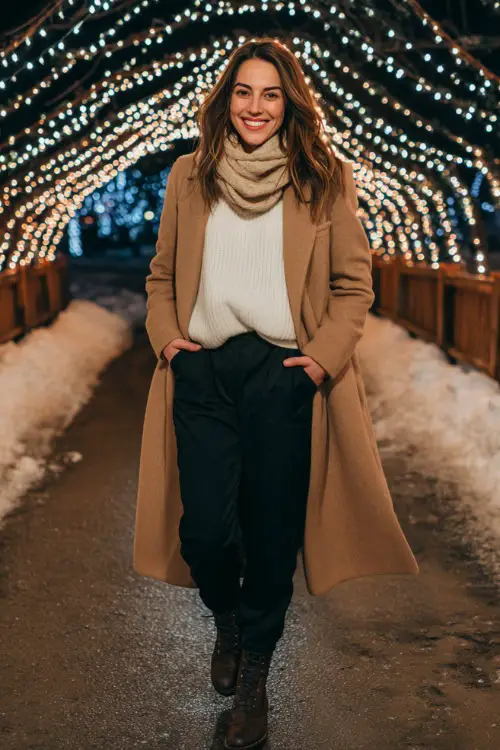 Full-body look of a woman wearing a long camel coat, cashmere scarf, white sweater, black tailored pants, leather boots, walking through a Christmas lights tunnel
