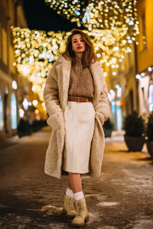 Full-body shot of a woman wearing a cozy belted coat, ribbed sweater, A-line midi skirt, classic winter boots, walking along a glowing Christmas lights street 