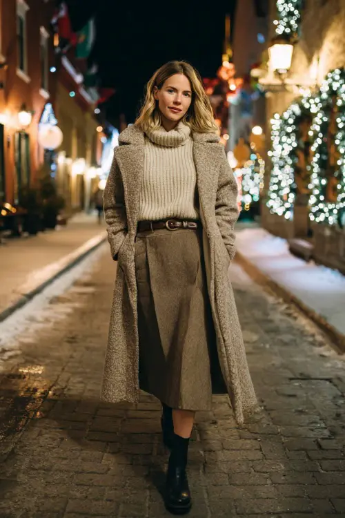 Full-body shot of a woman wearing a cozy belted coat, ribbed sweater, A-line midi skirt, classic winter boots, walking along a glowing Christmas lights street