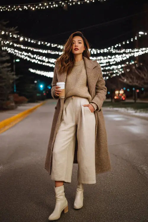 Full-body winter date night look on a woman wearing a wool trench coat, soft sweater, tailored wide pants, cream boots, holding a hot drink under hanging Christmas lights