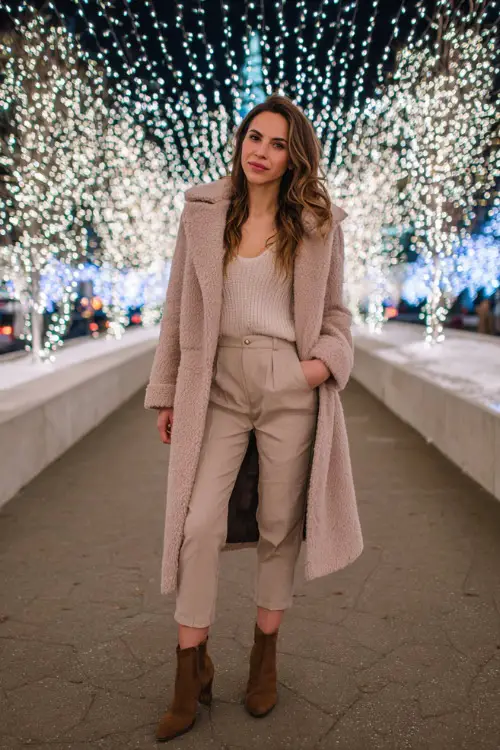 Full-body winter date night outfit on a woman, soft pastel coat, fitted knit top, tailored pants, suede ankle boots, posing under sparkling Christmas lights canopy