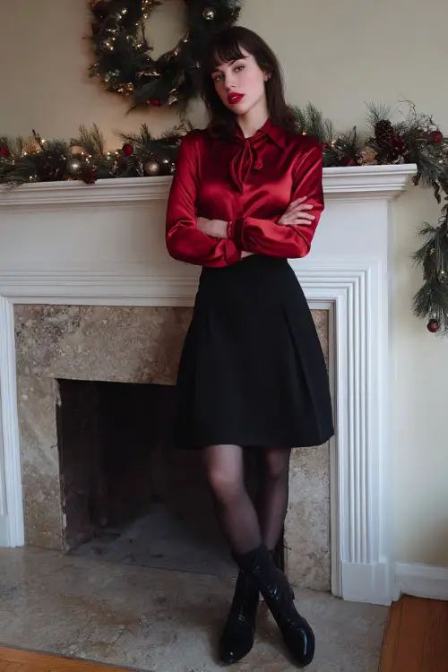 Full-body woman wearing a red satin blouse tucked into a wool A-line midi skirt, sheer tights, classic black boots, posing in front of a fireplace garland setup
