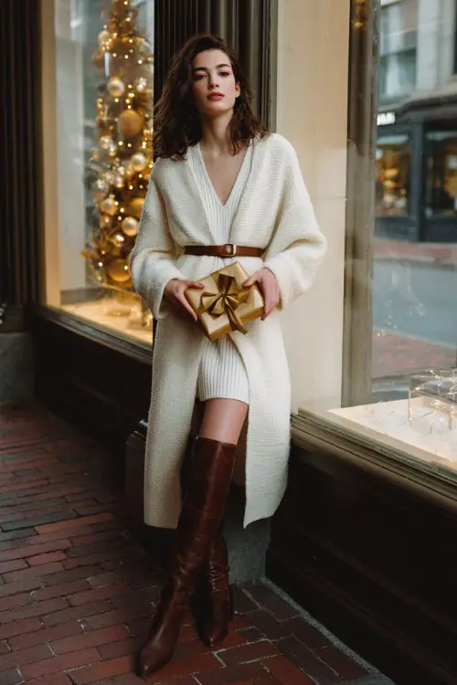 Full-body woman wearing an ivory knit dress, belted long winter coat, knee-high leather boots, holding a holiday gift box in a softly lit urban window display scene