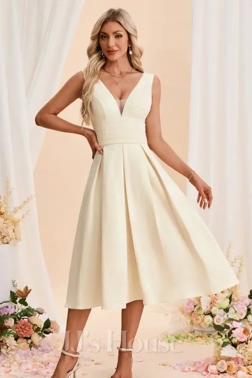 Pleated V-Neck Sleeveless A-line Stretch Crepe Midi Dress