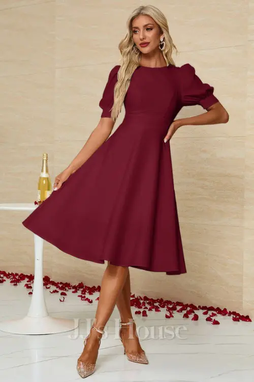 Scoop Short Sleeve A-line Stretch Crepe Midi Dress