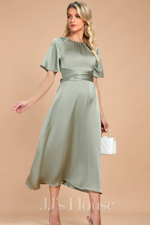 Scoop Short Sleeve Flutter Sleeve A-line Satin Midi Dress