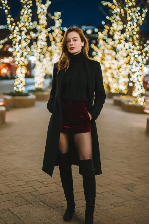 Stylish woman wearing a long black coat, cable knit turtleneck, mini skirt layered over tights, knee-high boots, standing in front of Christmas lights covered trees 