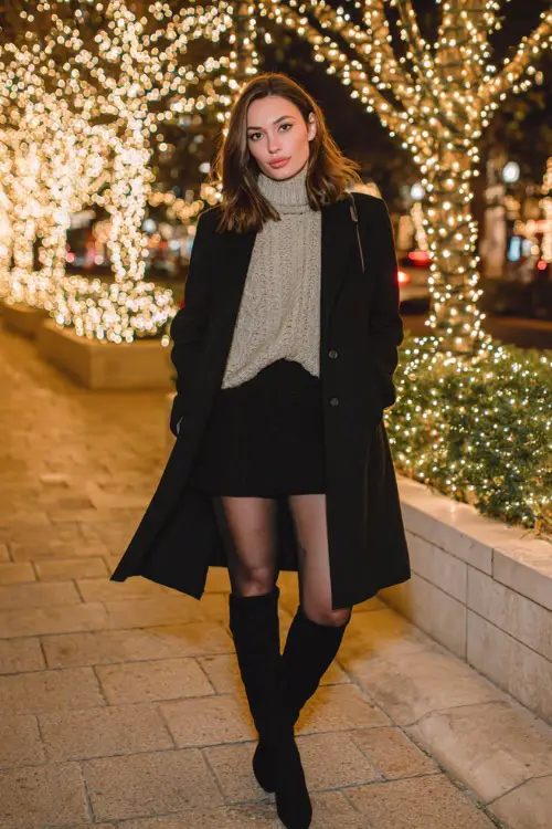 Stylish woman wearing a long black coat, cable knit turtleneck, mini skirt layered over tights, knee-high boots, standing in front of Christmas lights covered trees