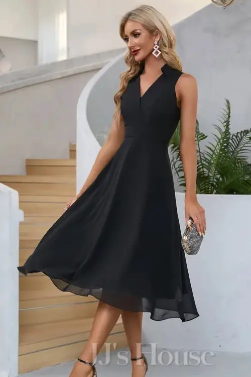 V-Neck Collared Sleeveless A-line Chiffon Midi Dress