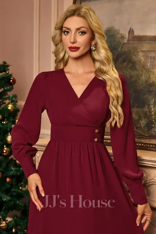 V-Neck Long Sleeve A-line Charmeuse Midi Dress