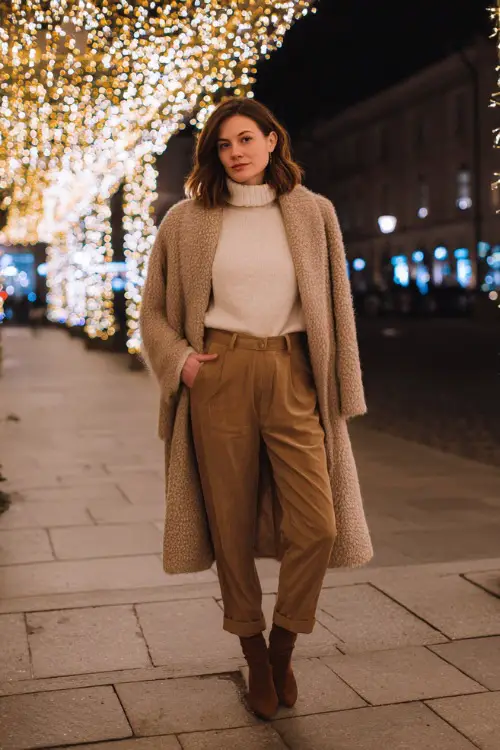 Winter date night outfit for a woman standing under glowing Christmas lights, cozy wool coat, fitted turtleneck sweater, straight-leg trousers, ankle boots 
