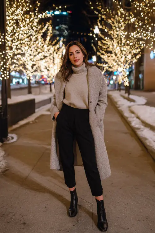 Winter date night outfit for a woman standing under glowing Christmas lights, cozy wool coat, fitted turtleneck sweater, straight-leg trousers, ankle boots