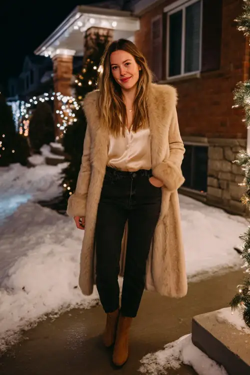 Winter evening outfit on a woman, long faux-fur trimmed coat, satin blouse, sleek dark jeans, suede boots, standing beside a house wrapped in Christmas string lights 