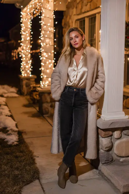 Winter evening outfit on a woman, long faux-fur trimmed coat, satin blouse, sleek dark jeans, suede boots, standing beside a house wrapped in Christmas string lights