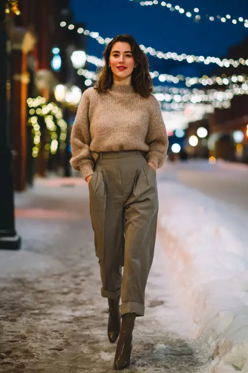 Woman in a cozy cashmere sweater, high-waisted tailored trousers, sleek ankle boots, full body visible