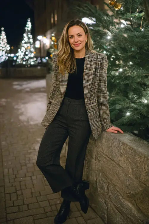 Woman in a festive plaid blazer, fitted black top, straight trousers, ankle boots, full body visible, leaning by a decorated Christmas tree outdoors at night 