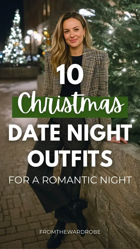 Woman in a festive plaid blazer, fitted black top, straight trousers, ankle boots outfit for a Christmas date night