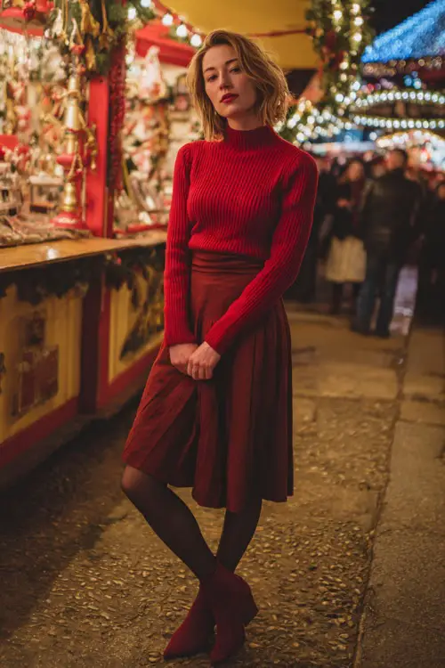 Woman in a festive winter outfit, full-body visible, red knit sweater, pleated midi skirt, sheer tights, heeled boots, posing by a glowing Christmas market display 