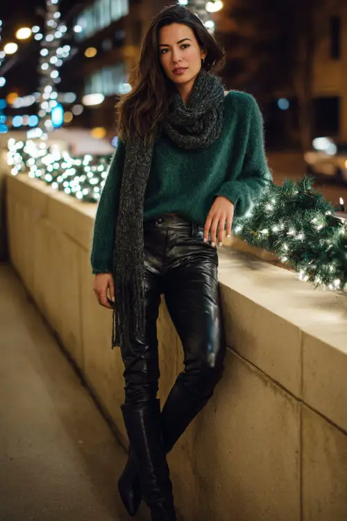 Woman in full-body winter outfit, emerald green sweater, black leather pants, heeled boots, draped scarf, leaning against a railing wrapped in Christmas lights