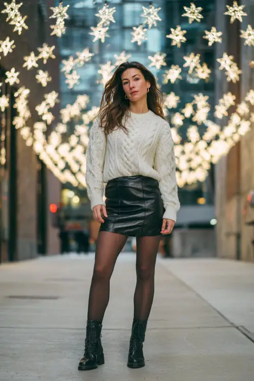 Woman wearing a cable knit sweater, leather mini skirt over tights, classic boots, full body visible, posing under hanging Christmas star lights in a modern city alley 