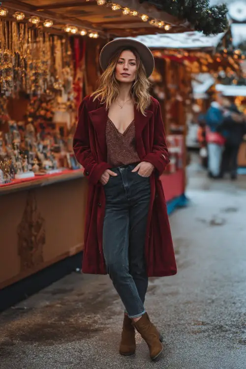 Woman with a chic wool trench coat, silky camisole top, slim dark jeans, suede ankle boots, full body visible, standing at a winter Christmas market stall 
