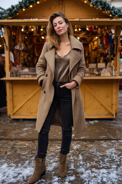 Woman with a chic wool trench coat, silky camisole top, slim dark jeans, suede ankle boots, full body visible, standing at a winter Christmas market stall 