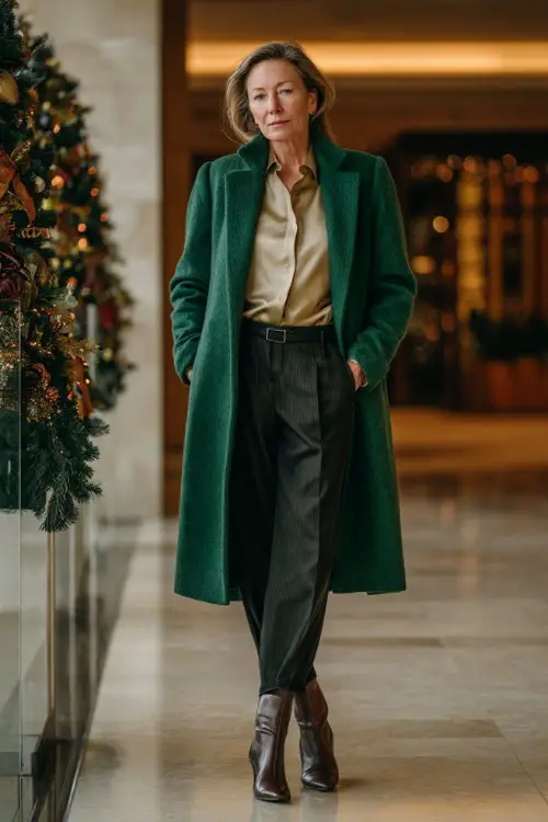 woman over 50 wears a tailored emerald wool coat, cream silk blouse, black straight trousers, leather ankle boots with a heel