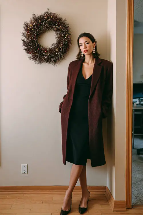 woman wears a black midi shift dress, burgundy long coat, pearl earrings, closed-toe heels, clean studio-style home office with a framed minimalist Christmas wreath on the wall