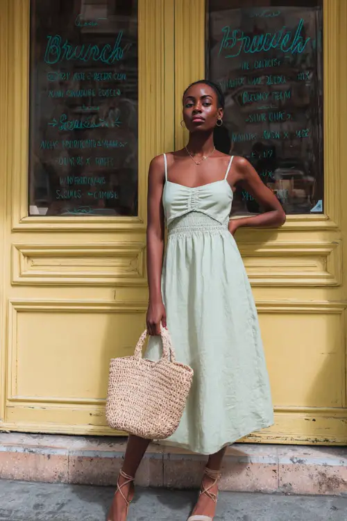 A Black woman dressed in a pastel-toned sundress with delicate straps, styled with flat sandals and a straw handbag, posing in front of a bright brunch café entrance