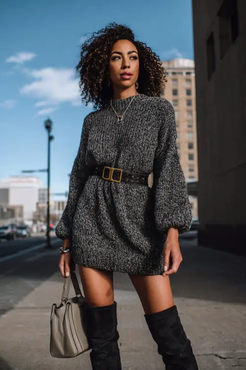 A Black woman in a cozy sweater dress paired with knee-high boots and a belt, accessorized with a structured handbag, posing on a city street during winter daylight