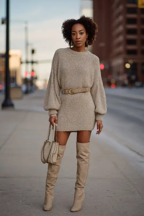 A Black woman in a cozy sweater dress paired with knee-high boots and a belt, accessorized with a structured handbag, posing on a city street during winter daylight