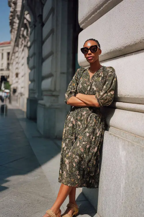 A Black woman in a flowy midi dress with subtle floral patterns, paired with espadrille wedges and oversized sunglasses, posing on a sunny city sidewalk near a brunch spot