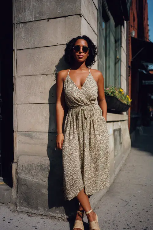 A Black woman in a flowy midi dress with subtle floral patterns, paired with espadrille wedges and oversized sunglasses, posing on a sunny city sidewalk near a brunch spot