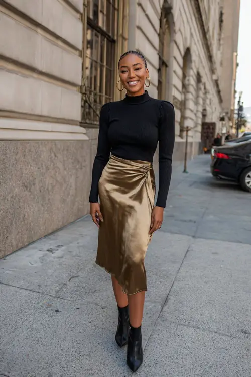 A Black woman in a satin midi skirt paired with a fitted long-sleeve top and ankle boots, accessorized with gold jewelry, posing on a city sidewalk during fall brunch hours