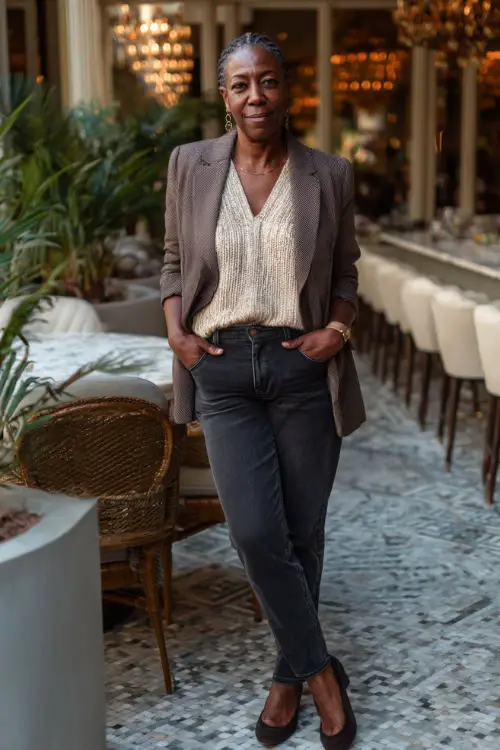 A Black woman over 50 dressed in straight-leg jeans with a fitted knit top and a tailored blazer
