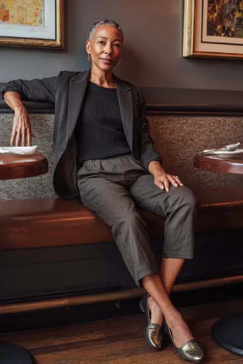 A Black woman over 50 dressed in straight-leg jeans with a fitted knit top and a tailored blazer