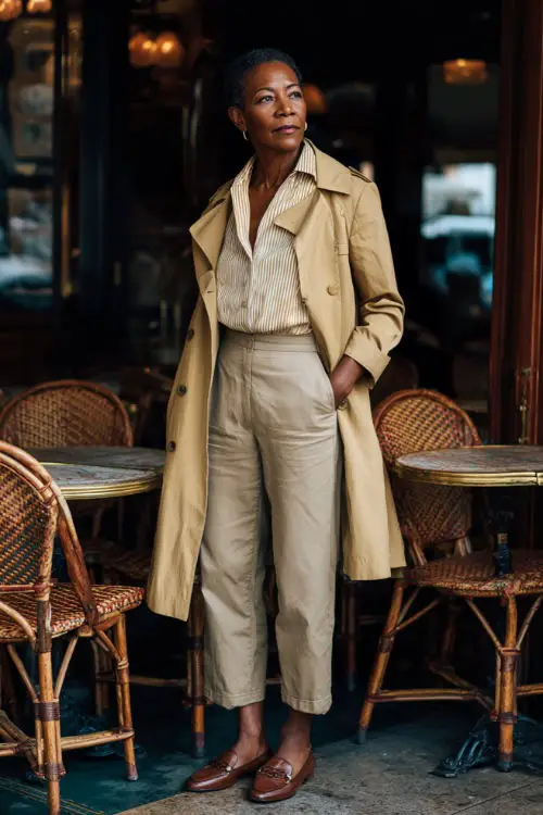 A Black woman over 50 dressed in tailored pants with a tucked-in blouse and a lightweight trench coat